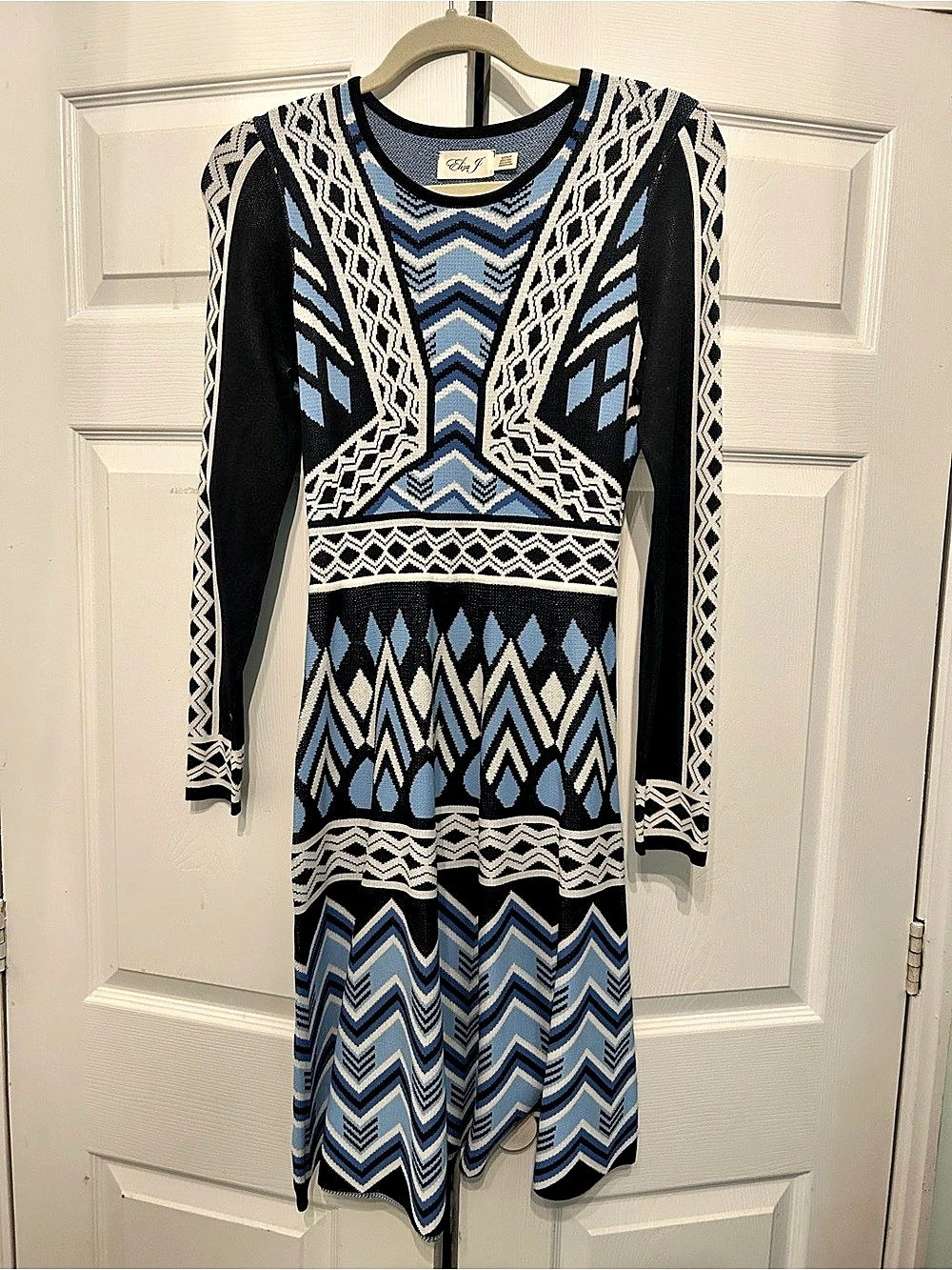 Eliza J Geometric Knit Midi Dress in Black & Blue- Size Small